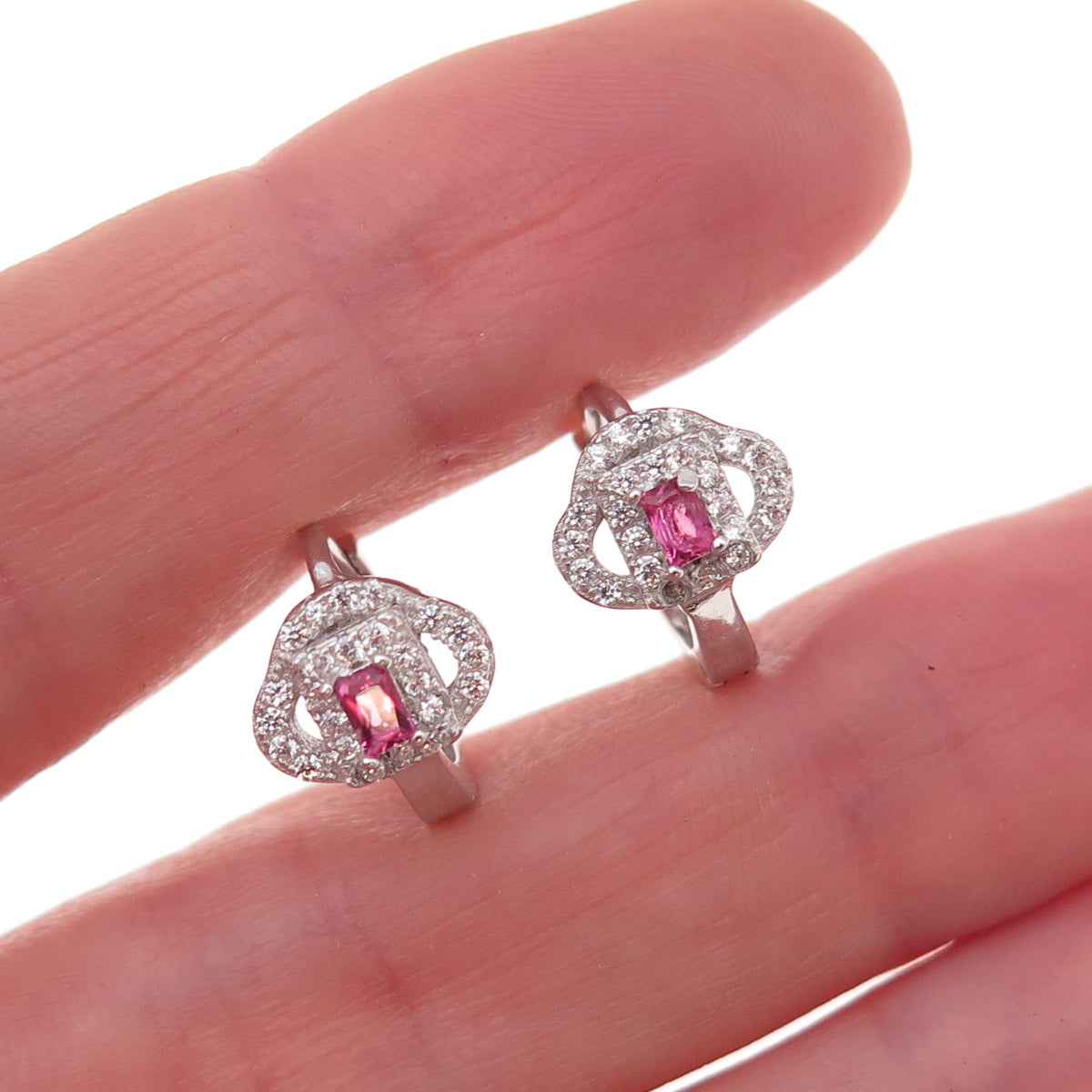 925 Sterling Silver Pink & White C Z Hoop Earrings