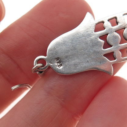 925 Sterling Silver Vintage Tulip Floral Hamsa Amulet Oxidized Dangle Earrings