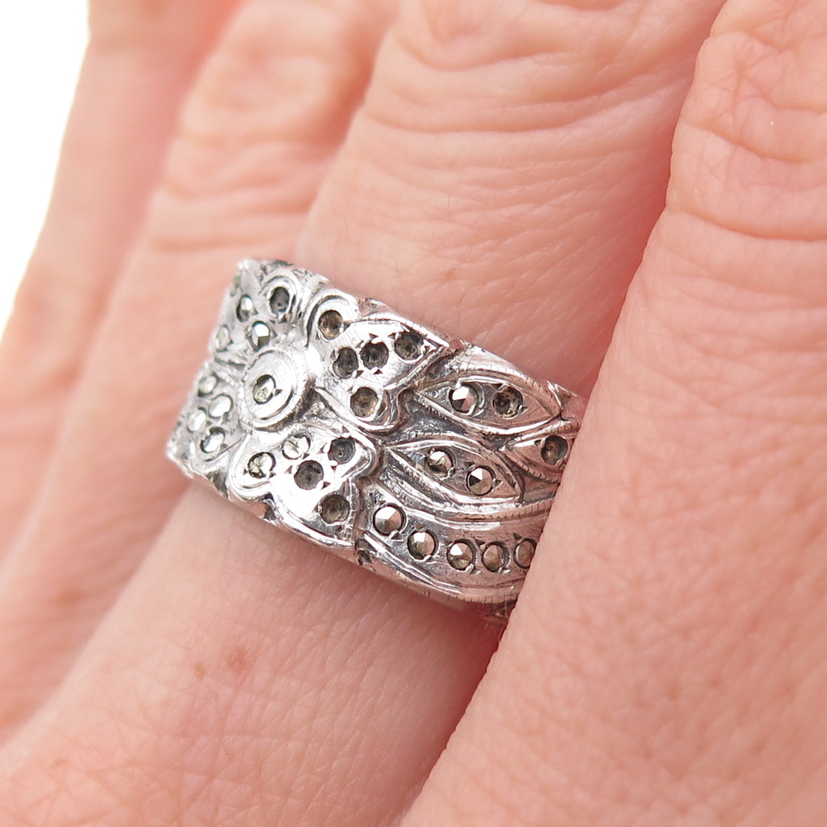 925 Sterling Antique Art Deco Marcasite Floral Ring Size 7.25 (missing stones)