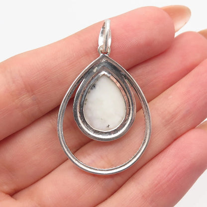 925 Sterling Silver Vintage Real Dendritic Agate Gem Teardrop Pendant