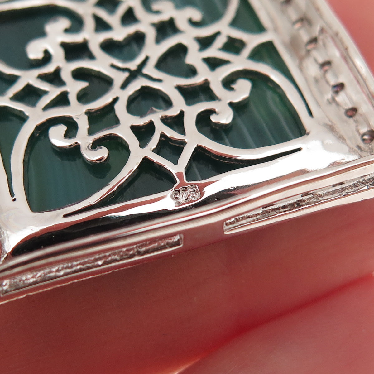 925 Sterling Silver Real Square-Cut Green Agate & Round-Cut C Z Pendant