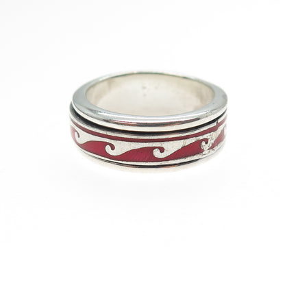 925 Sterling Silver Vintage Enamel Wave Rotating Band Ring Size 7.25