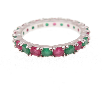 925 Sterling Silver Real Green & Pink Chalcedony Eternity Band Ring Size 7