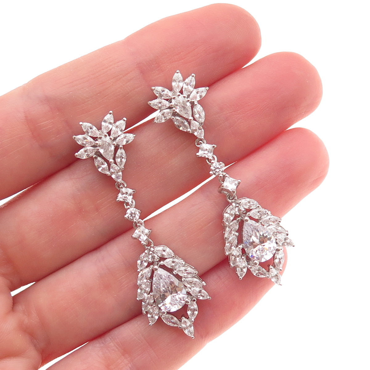 925 Sterling Silver Round Marquise & Pear-Cut C Z Dangle Earrings