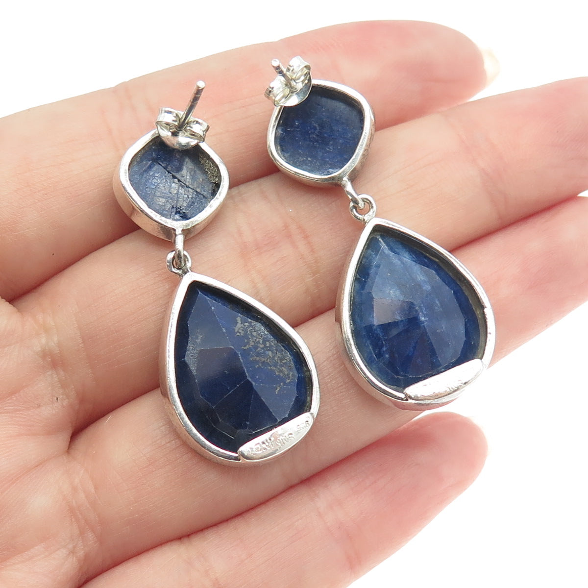 925 Sterling Silver Vintage Real Sapphire Gemstone Dangling Earrings