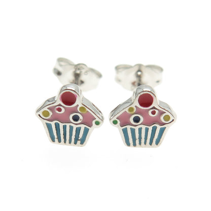 925 Sterling Silver Enamel Cupcake Stud Earrings