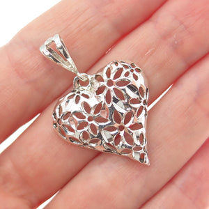 925 Sterling Silver Vintage Flower Heart Charm Pendant