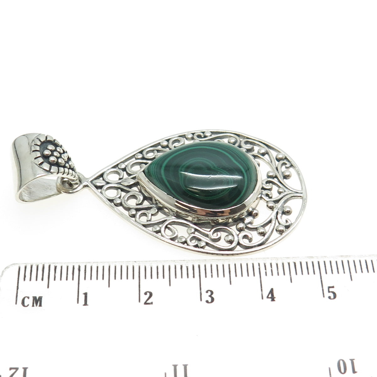 ARYA 925 Sterling Silver Vintage Real Malachite Swirl Teardrop Pendant