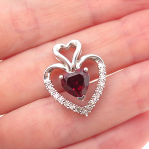 925 Sterling Silver Real Diamond & Lab-Created Ruby Heart Charm Pendant