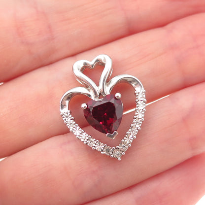 925 Sterling Silver Real Diamond & Lab-Created Ruby Heart Charm Pendant
