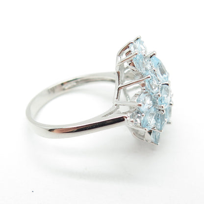 925 Sterling Silver Real Oval & Round-Cut Blue Topaz Cluster Ring Size 6.25