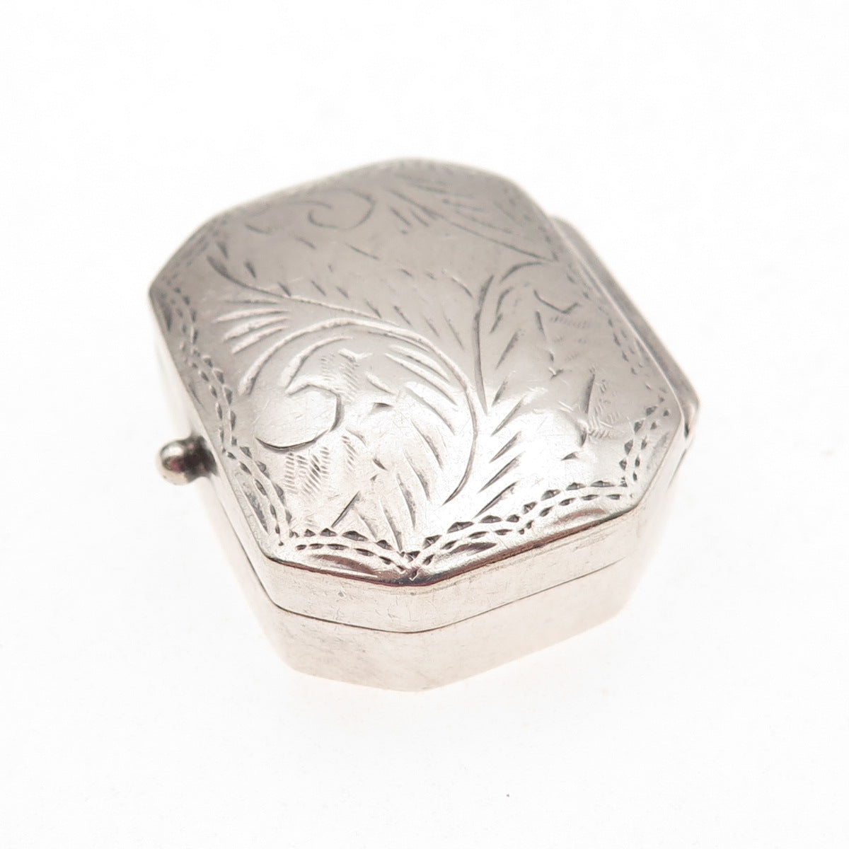 925 Sterling Silver Vintage Engraved Floral Oxidized Pill / Snuff Box