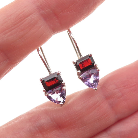 925 Sterling Silver Vintage Real Red Garnet & Amethyst Earrings