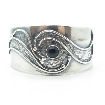 GROVES 925 Sterling Silver Vintage Black Onyx Gem Adjustable Cuff Bracelet 6.5"