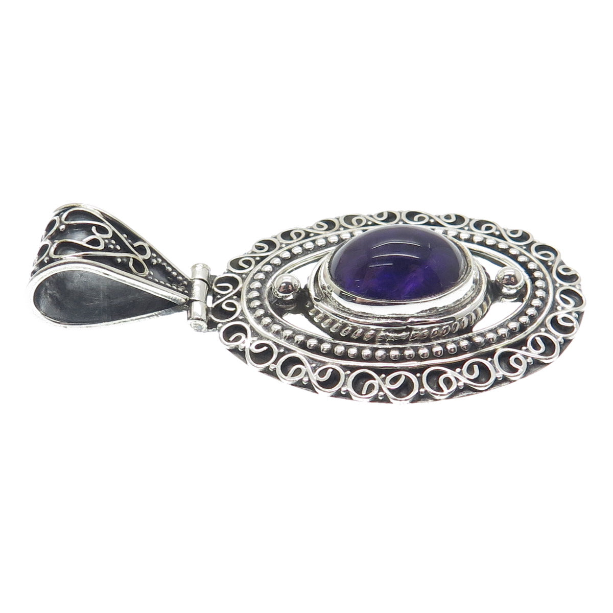 925 Sterling Silver Vintage Real Amethyst Gemstone Boho Ornate Pendant