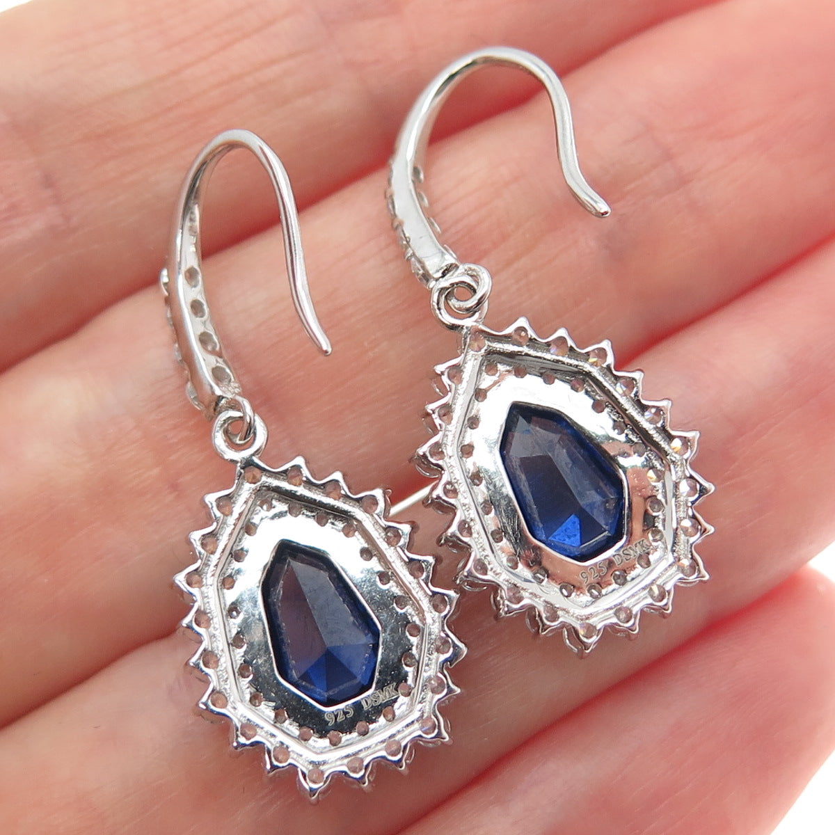 DSMK 925 Sterling Silver Pear & Round-Cut Blue White C Z Dangle Earrings