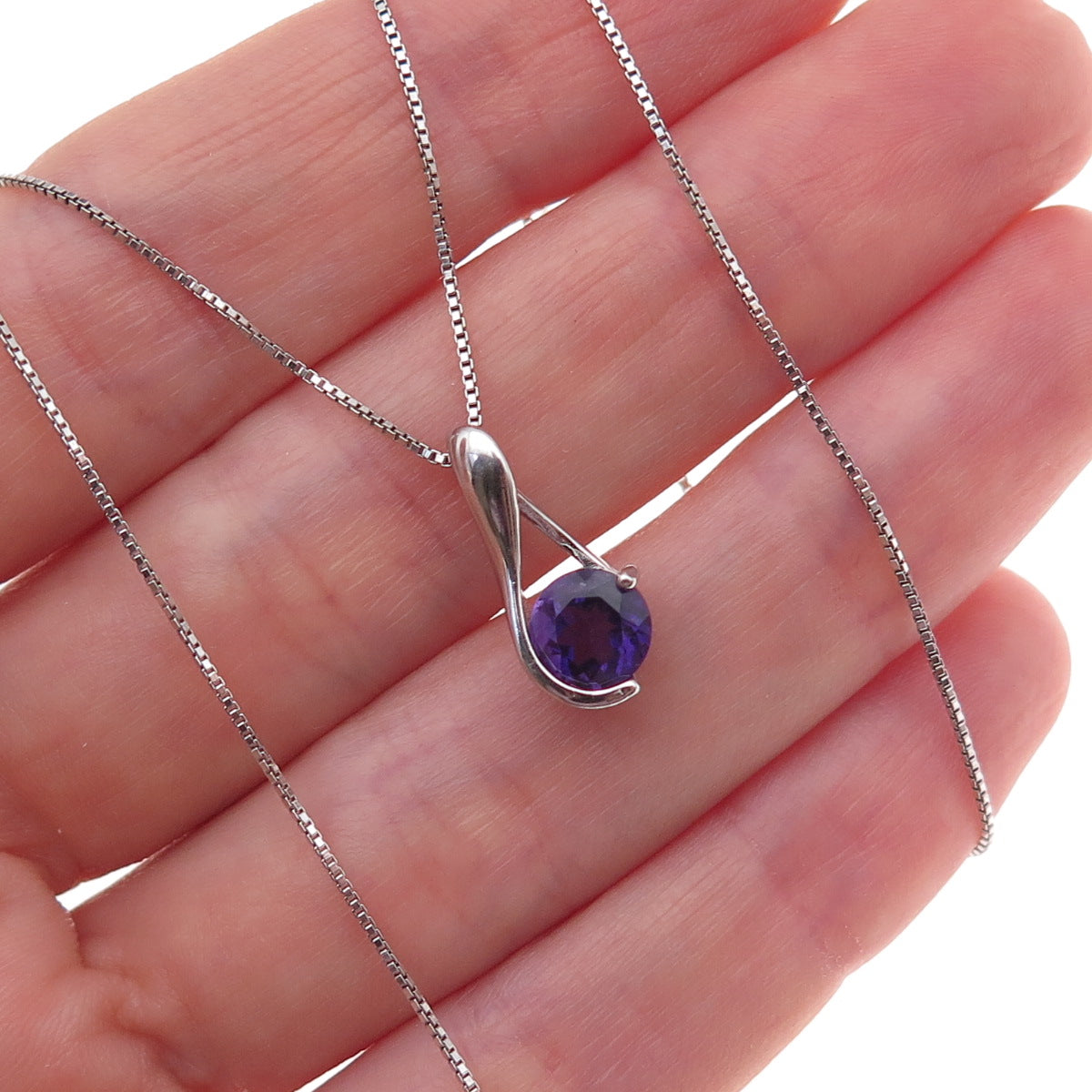 925 Sterling Silver Real Round-Cut Amethyst Box Chain Necklace 18"