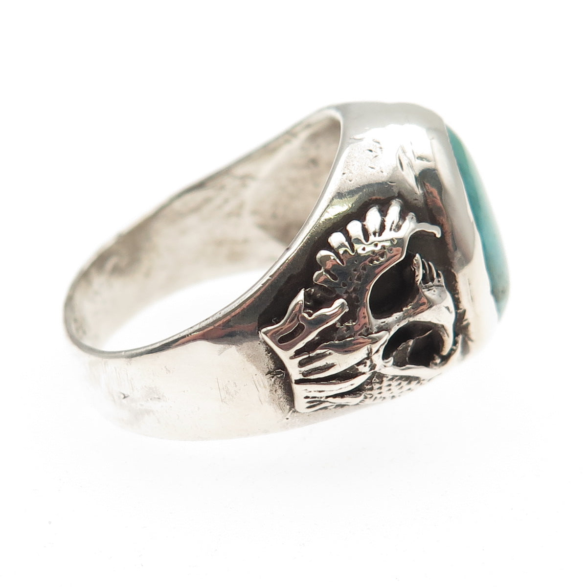Old Pawn 925 Sterling Silver Vintage Turquoise Peyote Bird Oxidized Ring Size 10