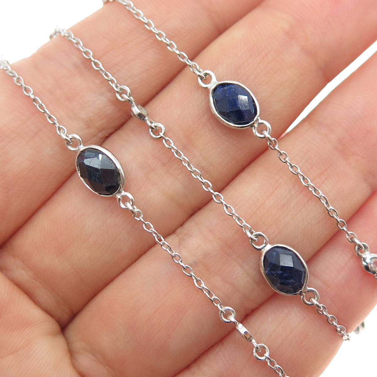DSMK 925 Sterling Silver Real Oval-Cut Sapphire Station Chain Necklace 36"
