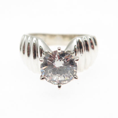 925 Sterling Silver Round-Cut C Z Modernist Ribbed Ring Size 6