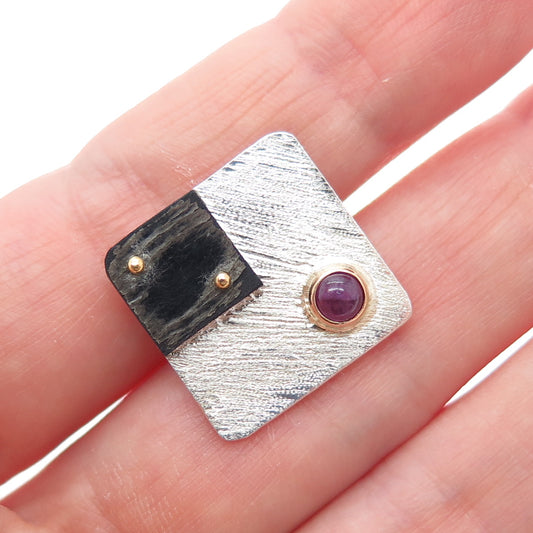 VICTOR ALFARO 14K Gold 925 Sterling Silver Vintage Real Ruby Modernist Lapel Pin