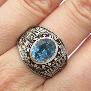 925 Sterling Silver Vintage REED Blue Glass School Ring Size 7.25