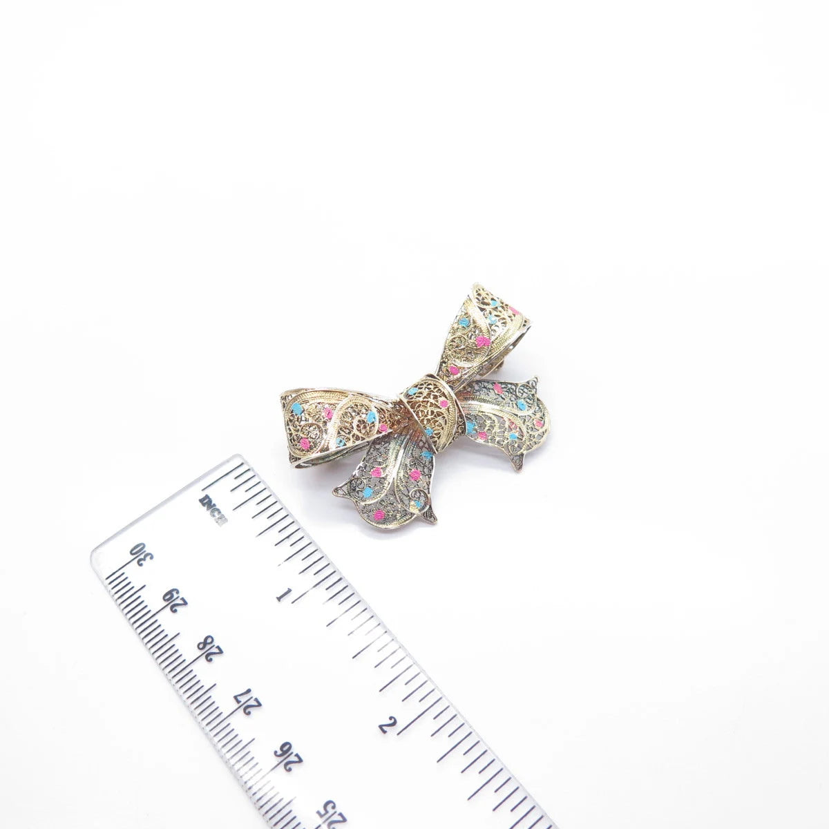 925 Sterling Silver Gold Plated Vintage Enamel Bow Filigree Pin Brooch