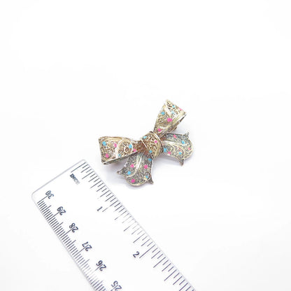 925 Sterling Silver Gold Plated Vintage Enamel Bow Filigree Pin Brooch