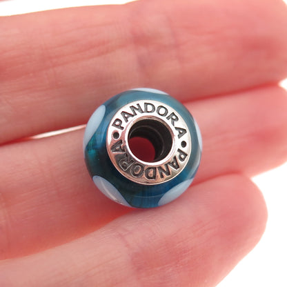 Pandora 925 Sterling Silver Blue Murano Glass Heart Slide Bead Charm