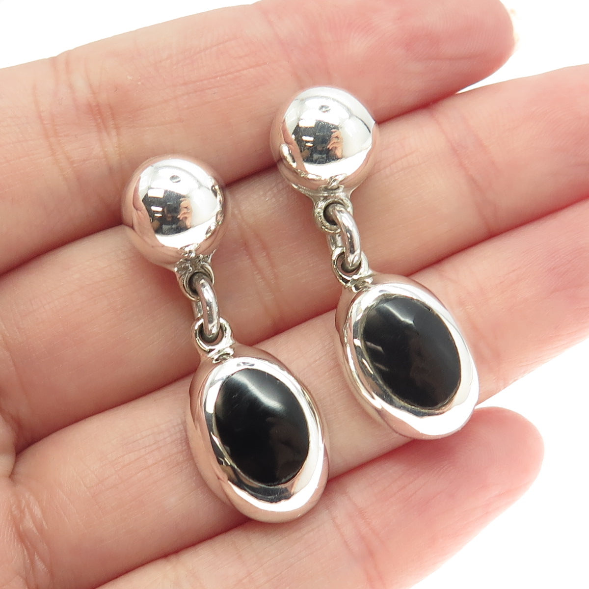 925 Sterling Silver Vintage Mexico Real Black Onyx Gemstone Dangling Earrings