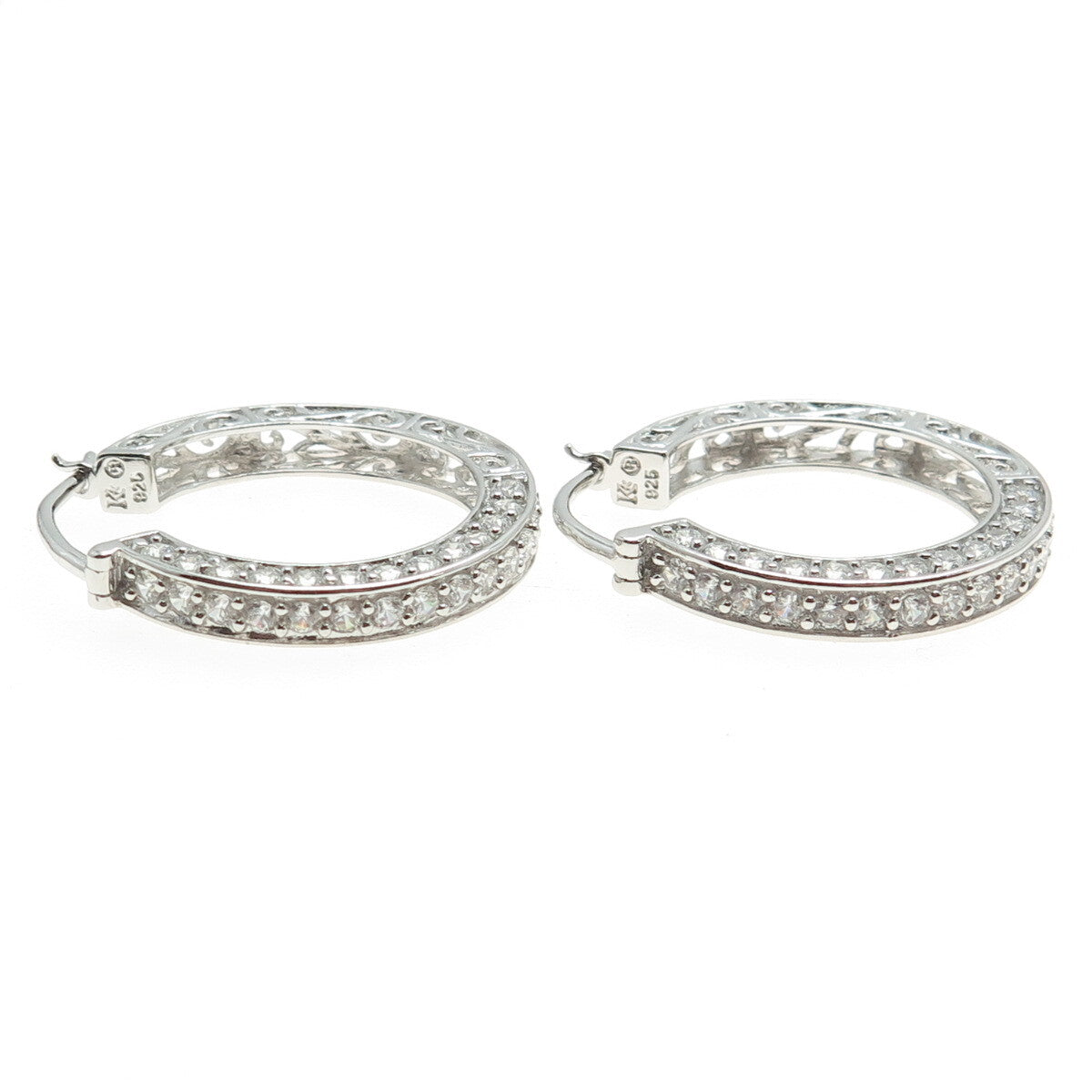 925 Sterling Silver Round-Cut C Z Ornate Hoop Earrings