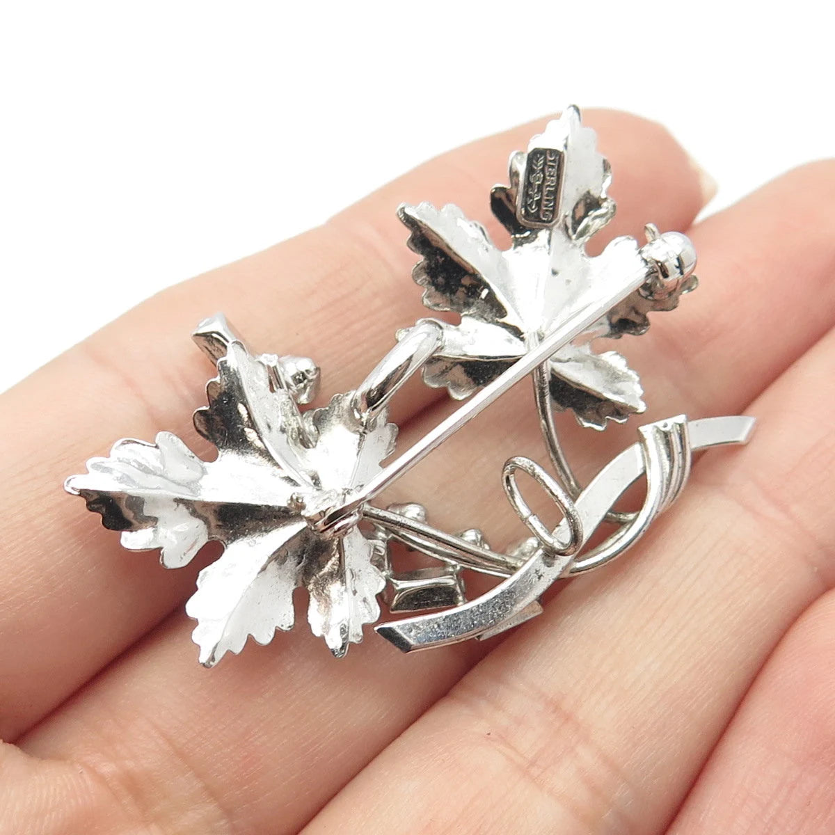 925 Sterling Silver Vintage Carl Art Rhinestone Leaves Pin Brooch