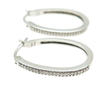 SUN 925 Sterling Silver Real Round-Cut Diamond Oval Hoop Earrings