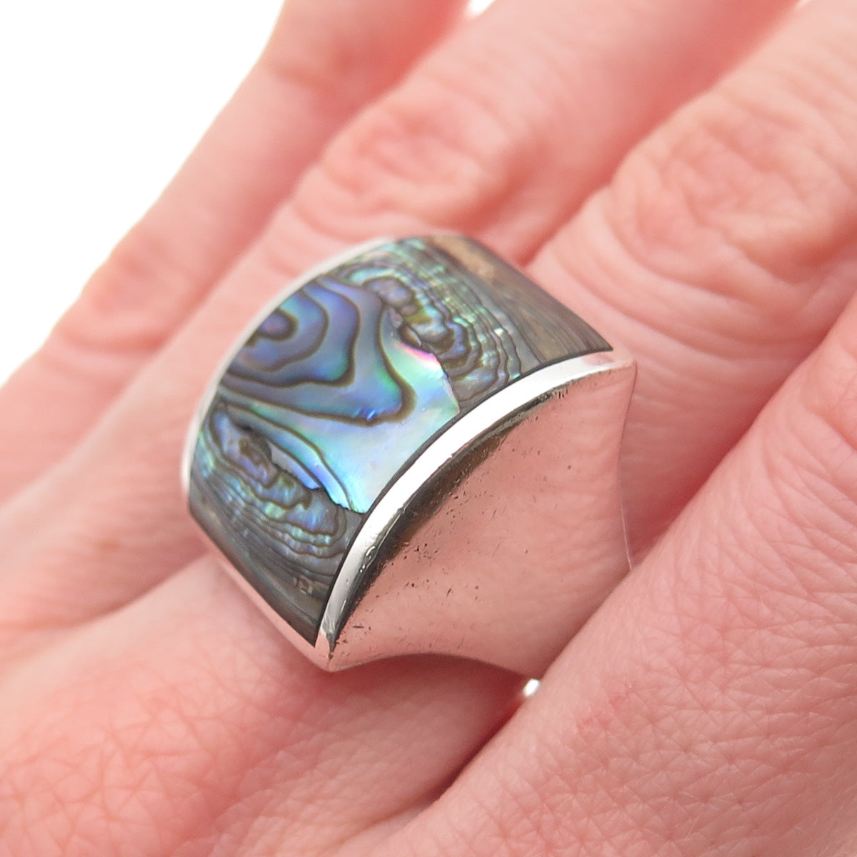 KEN CRAFTS 925 Sterling Silver Vintage Real Abalone Shell Modernist Ring Size 7