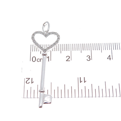 925 Sterling Silver Real Round-Cut Diamond Heart Key Charm Pendant
