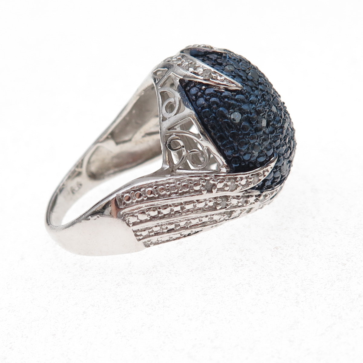 Chuck Clemency 925 Sterling Silver Real Blue & White Diamond Dome Ring Size 8