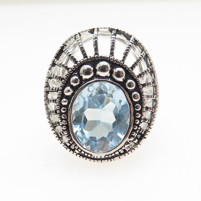 925 Sterling Silver Real Oval-Cut Blue Topaz Sunrise Oxidized Ring Size 7