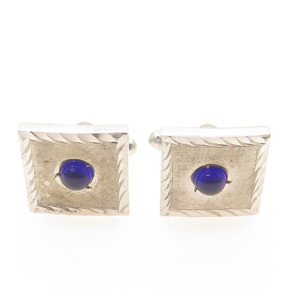 HAYWARD 925 Sterling Silver Antique Art Deco Blue Glass Square Cufflinks