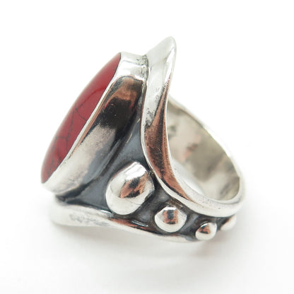 925 Sterling Silver Vintage Mexico Real Red Turquoise Gem Tribal Ring Size 8.25