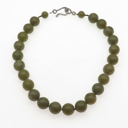 925 Sterling Silver Vintage Real Olive Green Jade Ball Beaded Necklace 16"