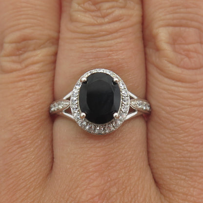 925 Sterling Silver Real Black Spinel Gemstone & C Z Ring Size 6.75