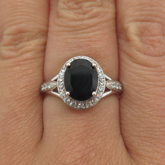 925 Sterling Silver Real Black Spinel Gemstone & C Z Ring Size 6.75