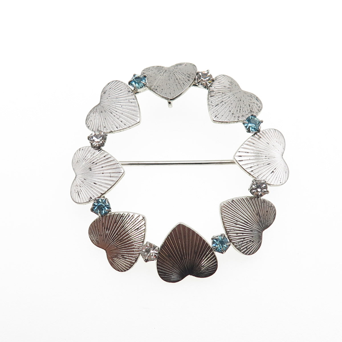 CARL ART Sterling Silver Vintage Blue & White Rhinestone Heart Circle Pin Brooch