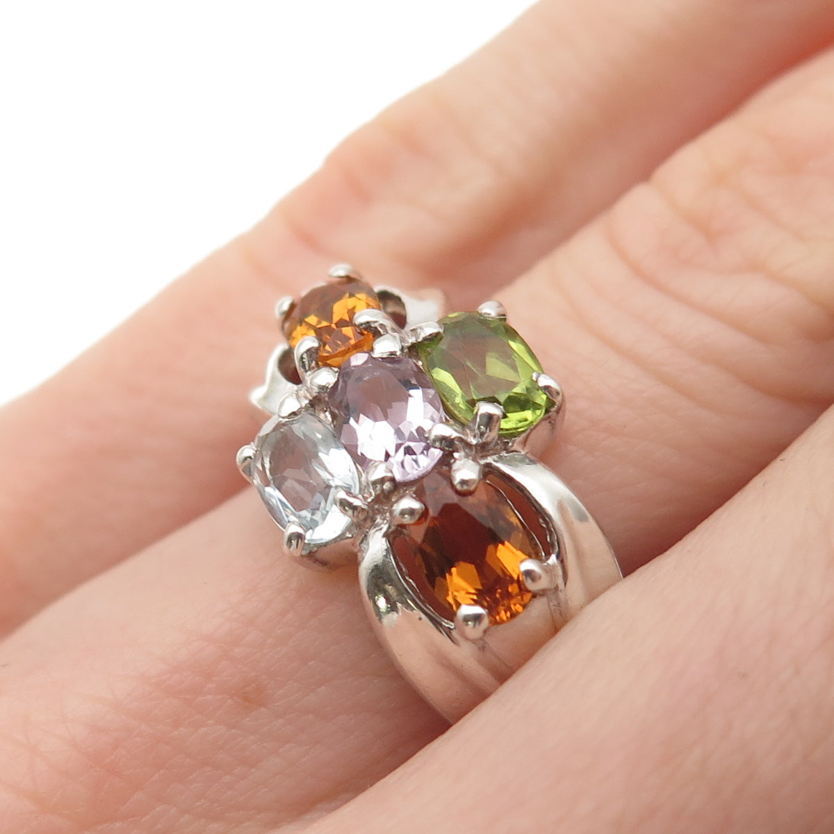 925 Sterling Silver Vintage Real Blue Topaz Amethyst Citrine Peridot Ring Size 6