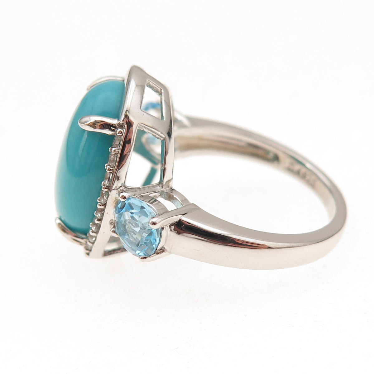 925 Sterling Real Sleeping Beauty Turquoise Blue & White Topaz Ring Size 8