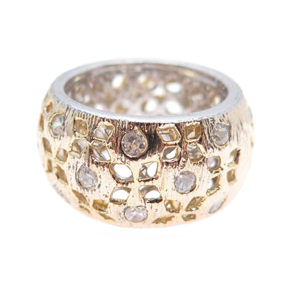 925 Sterling Silver 2-Tone Vintage Round-Cut C Z Flower Band Ring Size 7
