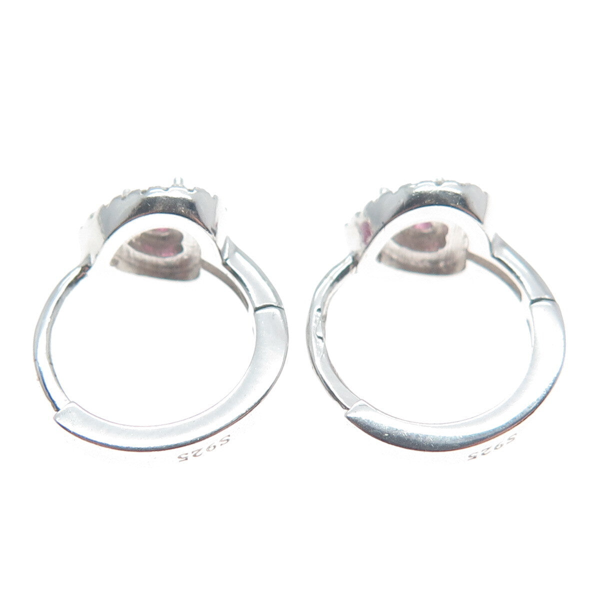 925 Sterling Silver Heart-Cut Pink & Round-Cut White C Z Hoop Earrings