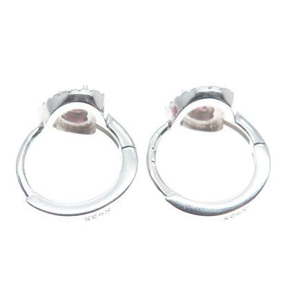 925 Sterling Silver Heart-Cut Pink & Round-Cut White C Z Hoop Earrings