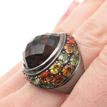 Sheridan Kennedy Sterling Black Rhodium Smoky Quartz & Sapphire Ring Size 10.25