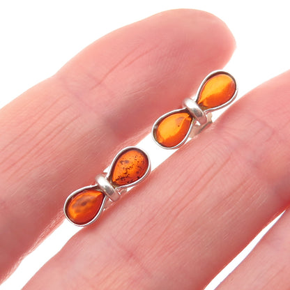 925 Sterling Silver Vintage Real Amber Modernist Bow Stud Earrings